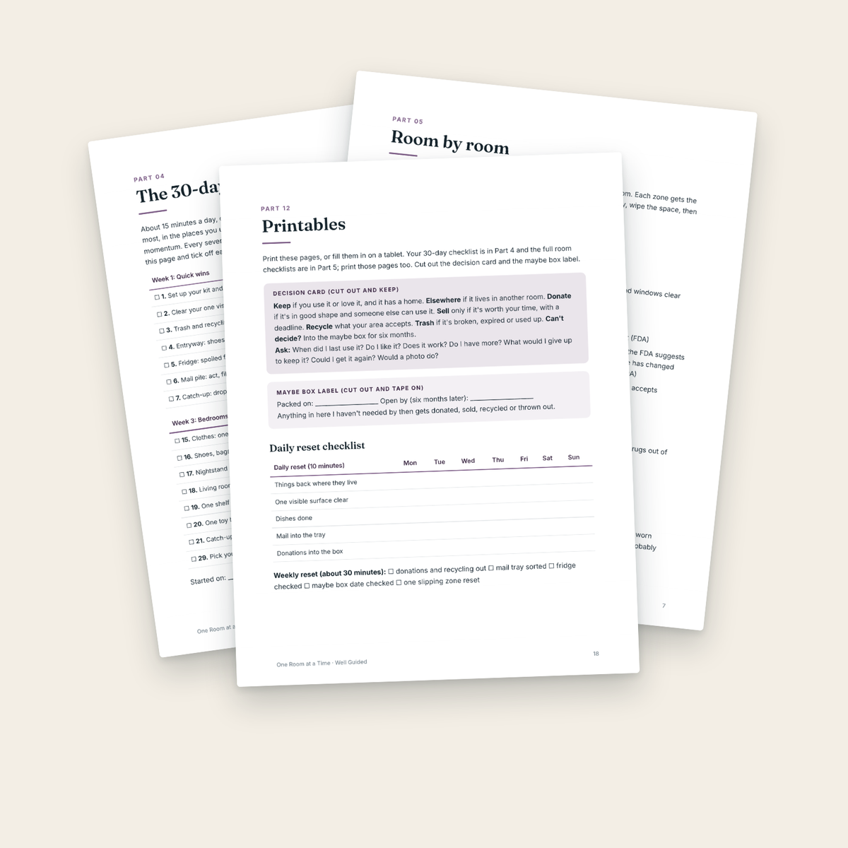 Inside pages: the 30-day plan, room checklists and decision card
