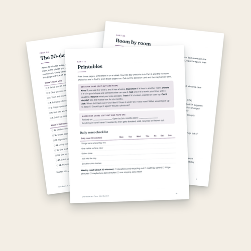 Inside pages: the 30-day plan, room checklists and decision card