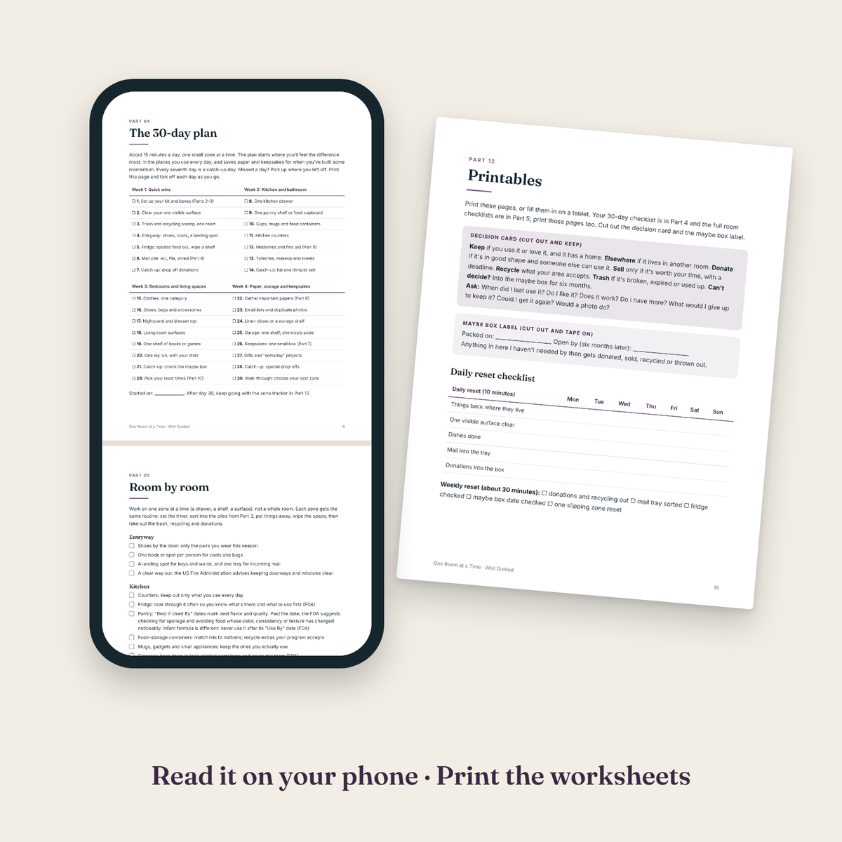 One Room at a Time open on a phone, next to a printed worksheet page