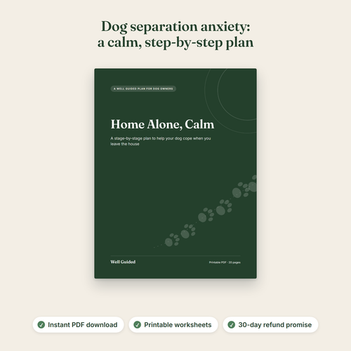 Cover of Home Alone, Calm, a printable dog separation anxiety guide, with the headline: Dog separation anxiety: a calm, step-by-step plan. Notes: instant PDF download, printable worksheets, 30-day refund promise
