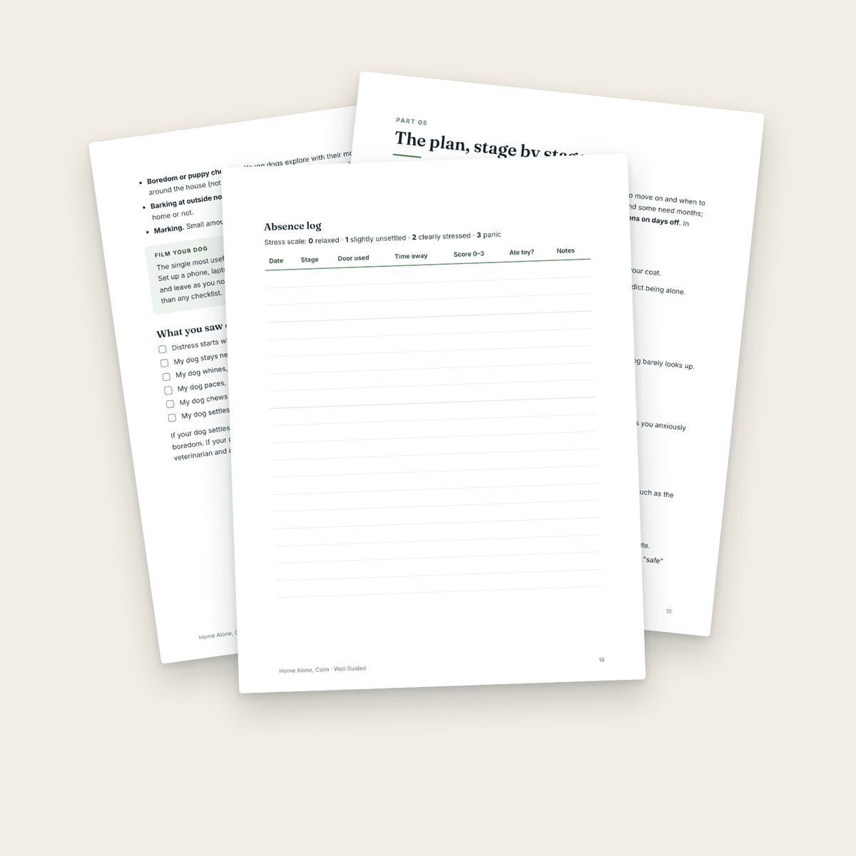 Inside pages: the stage-by-stage plan, checklists and absence log