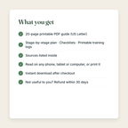 What you get: a 20-page printable PDF; Stage-by-stage plan, Checklists, Printable training logs; sources listed; instant download; refund within 30 days