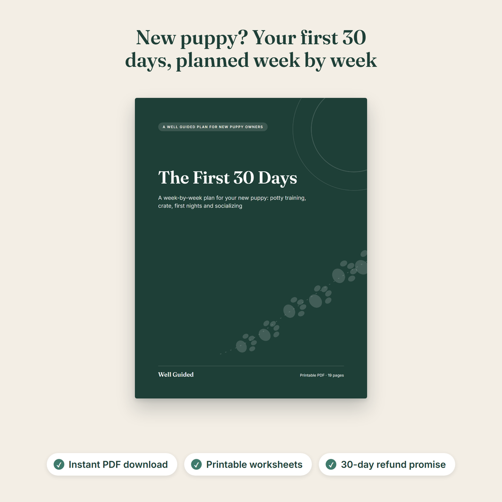 Cover of The First 30 Days, a printable new puppy plan, with the headline: New puppy? Your first 30 days, planned week by week. Notes: instant PDF download, printable worksheets, 30-day refund promise
