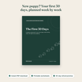 Cover of The First 30 Days, a printable new puppy plan, with the headline: New puppy? Your first 30 days, planned week by week. Notes: instant PDF download, printable worksheets, 30-day refund promise
