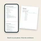 The First 30 Days open on a phone, next to a printed worksheet page