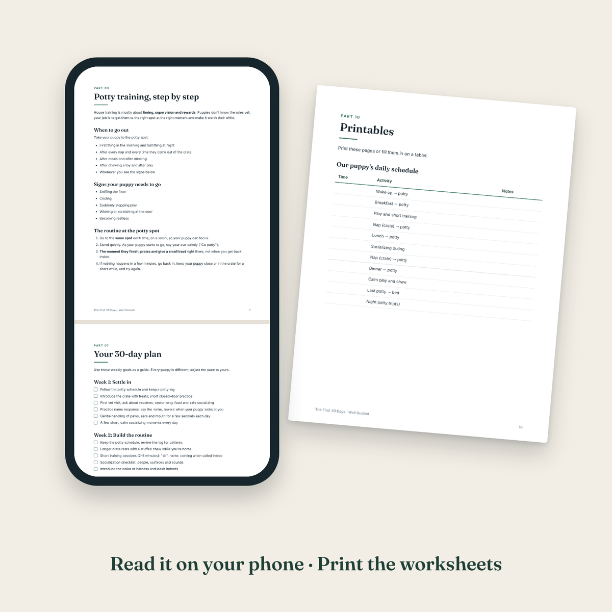 The First 30 Days open on a phone, next to a printed worksheet page