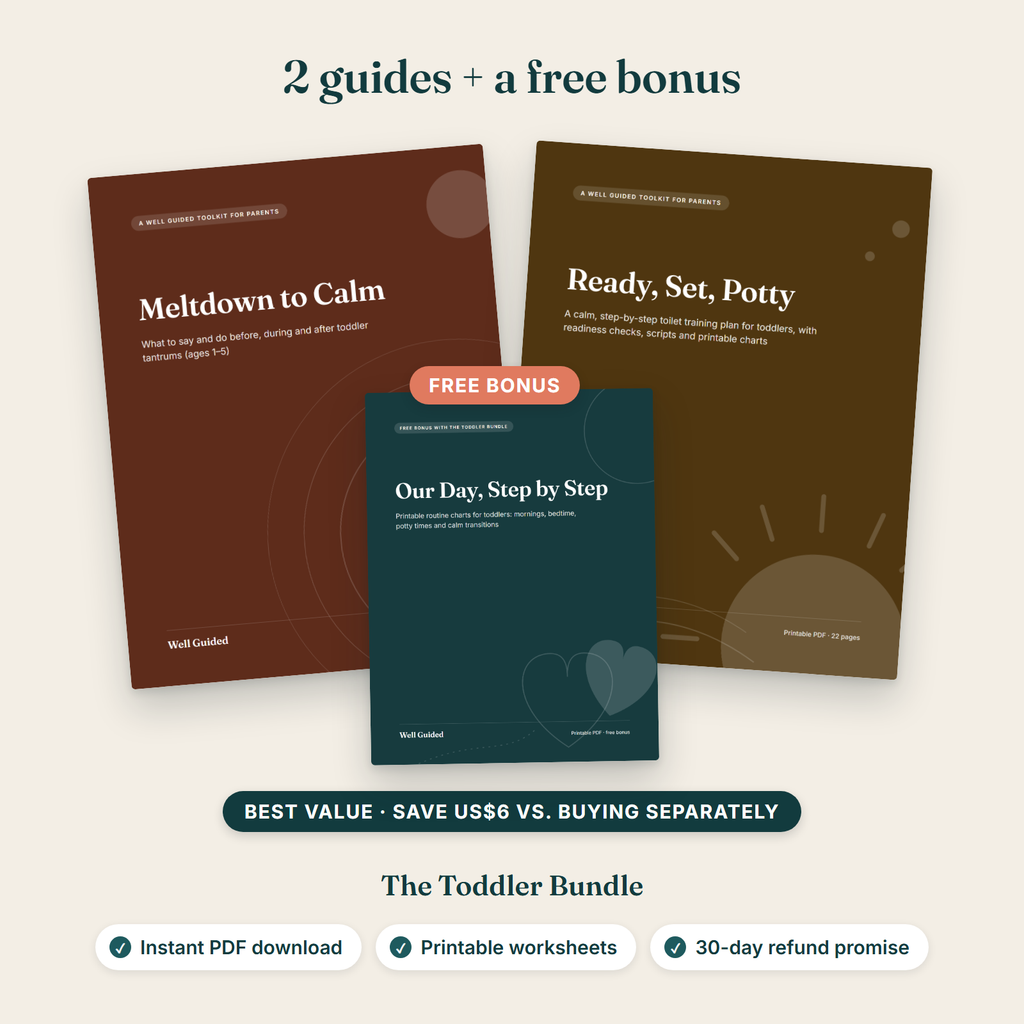 The two guides in The Toddler Bundle, Meltdown to Calm and Ready, Set, Potty, plus the free routine charts, with the label: Best value, save US$6 vs. buying separately