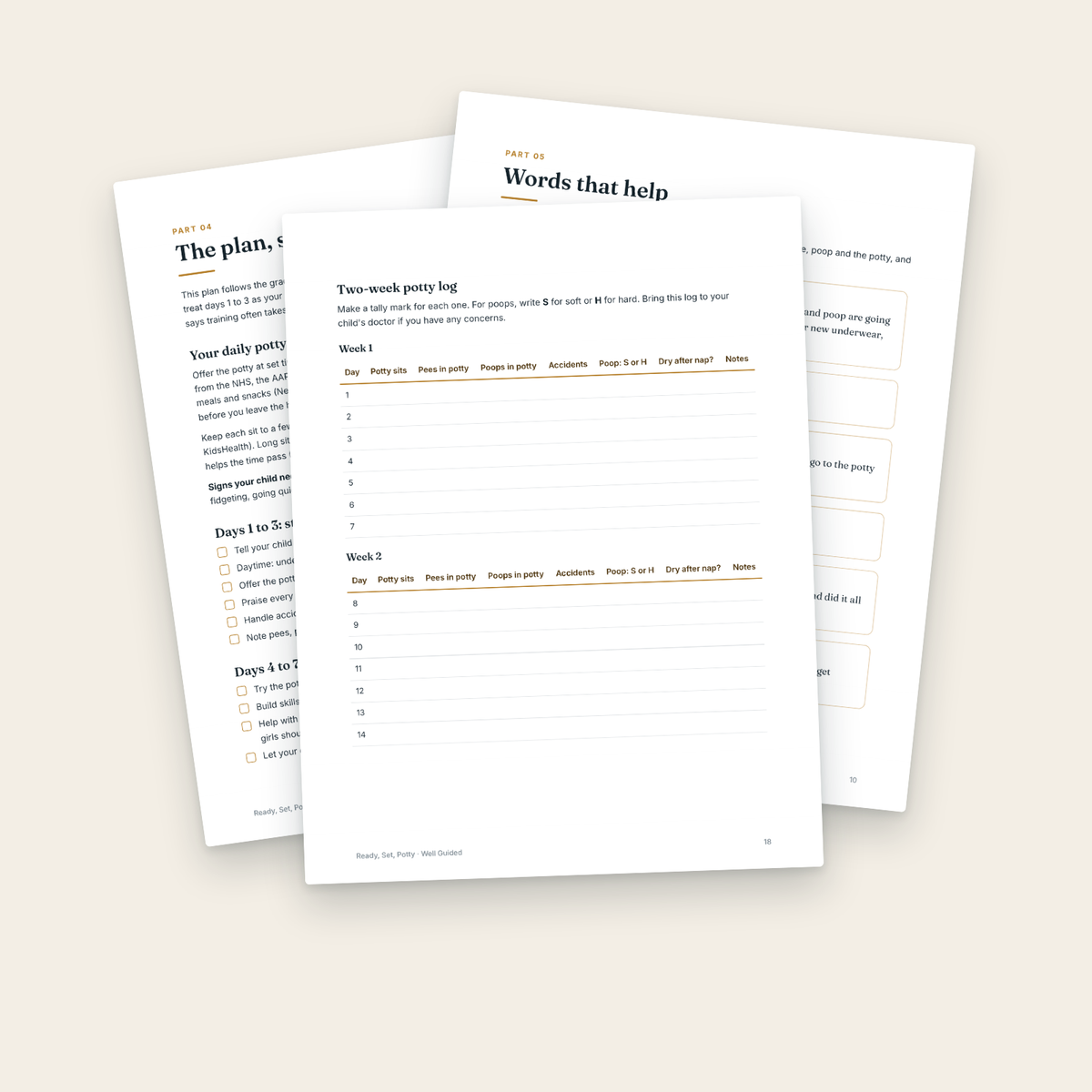 Inside pages: the step-by-step plan, scripts and potty log