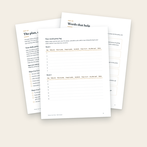Inside pages: the step-by-step plan, scripts and potty log
