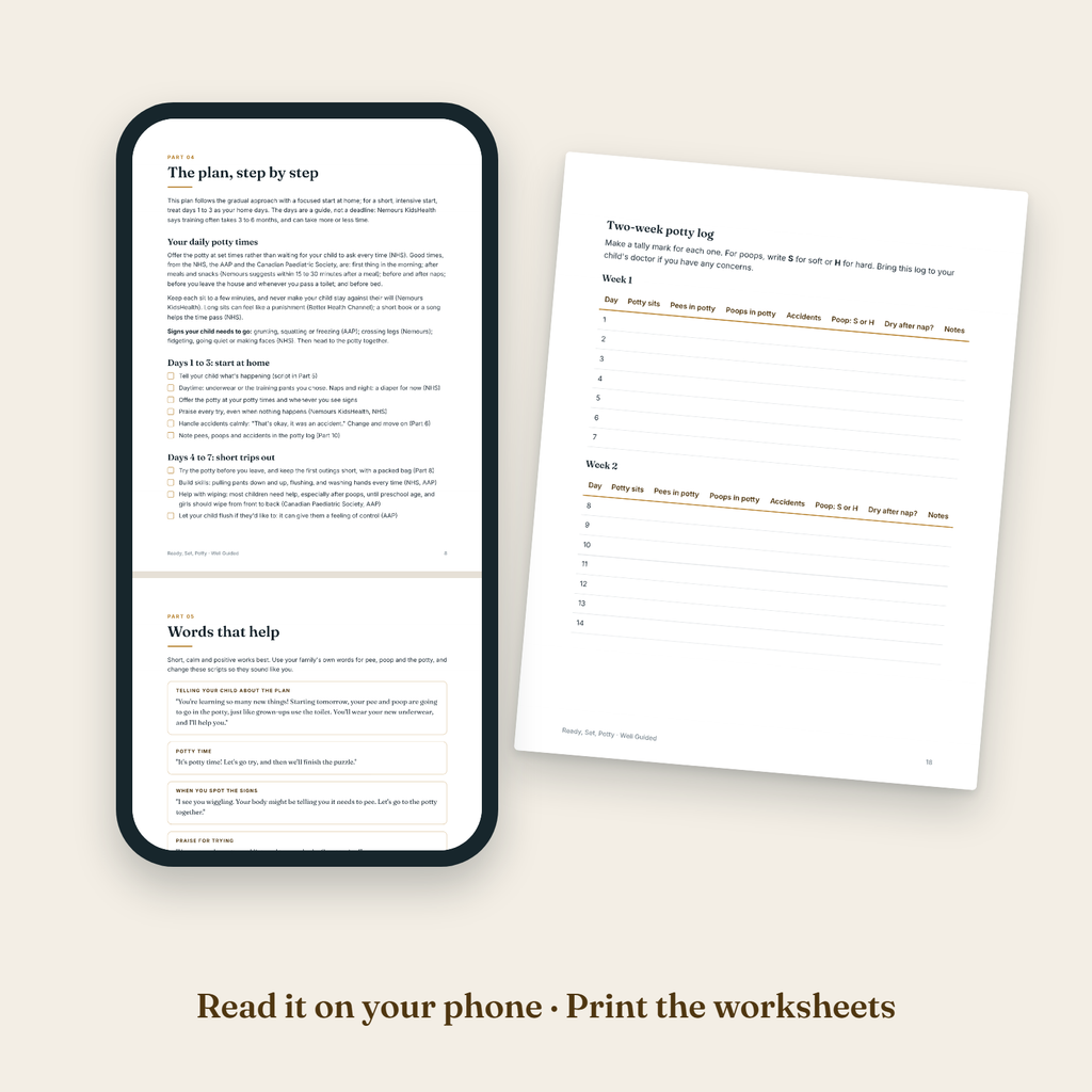 Ready, Set, Potty open on a phone, next to a printed worksheet page