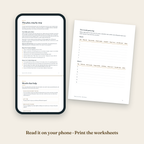 Ready, Set, Potty open on a phone, next to a printed worksheet page