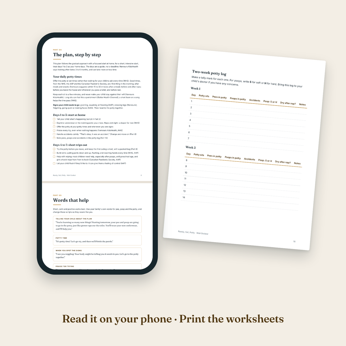 Ready, Set, Potty open on a phone, next to a printed worksheet page