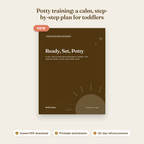 Cover of Ready, Set, Potty, a printable toddler potty training plan, with the headline: Potty training: a calm, step-by-step plan for toddlers, and a New label. Notes: instant PDF download, printable worksheets, 30-day refund promise