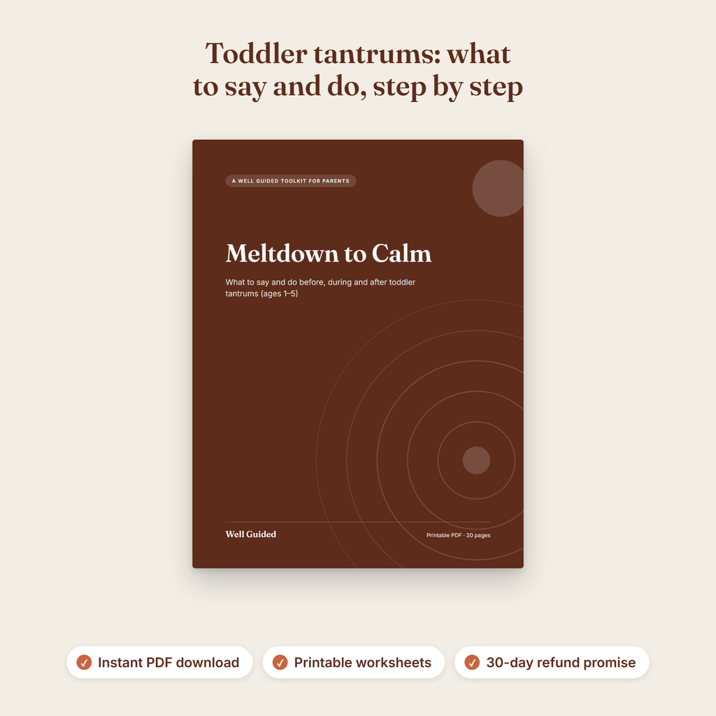 Cover of Meltdown to Calm, a printable toddler tantrum toolkit, with the headline: Toddler tantrums: what to say and do, step by step. Notes: instant PDF download, printable worksheets, 30-day refund promise