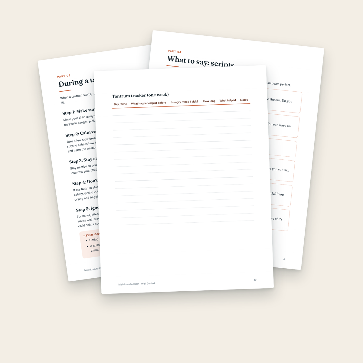 Inside pages: the calm plan, scripts and tantrum tracker