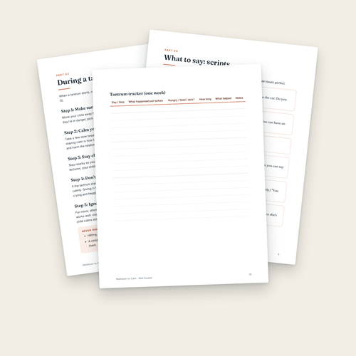 Inside pages: the calm plan, scripts and tantrum tracker