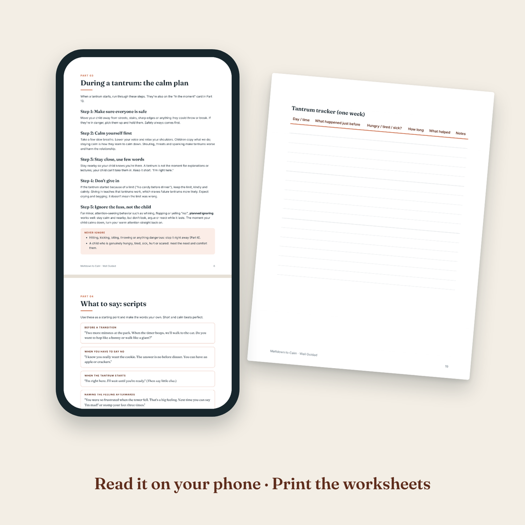 Meltdown to Calm open on a phone, next to a printed worksheet page
